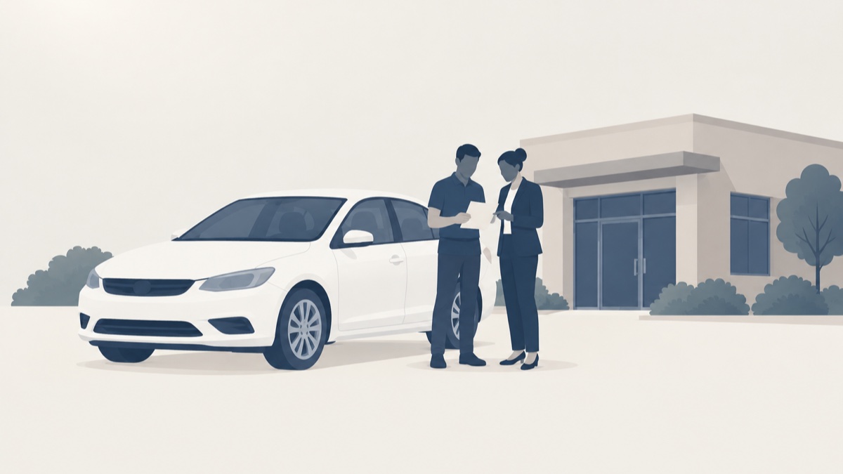 白い社用車の前で、社員と管理者のシルエットが並んで1枚の書類を見ているイラスト