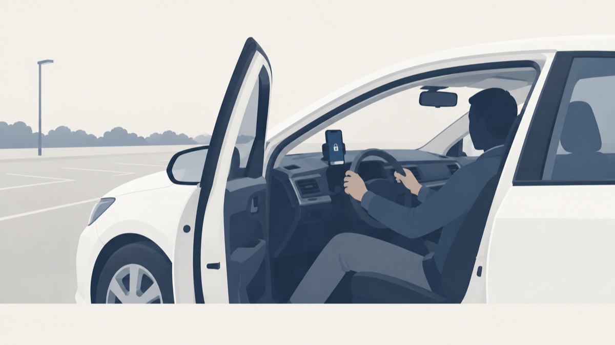 白い社用車の運転席で、ホルダーに固定された画面に鍵のマークが出たスマートフォンの横で、運転者がハンドルを両手で握っているイラスト