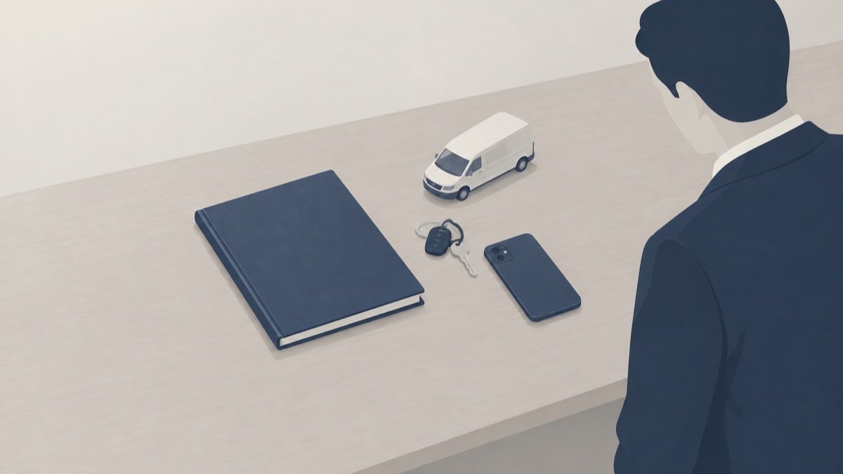 机の上に置かれた車の鍵と伏せたスマートフォン、白いバンの模型を見下ろす管理者のイラスト