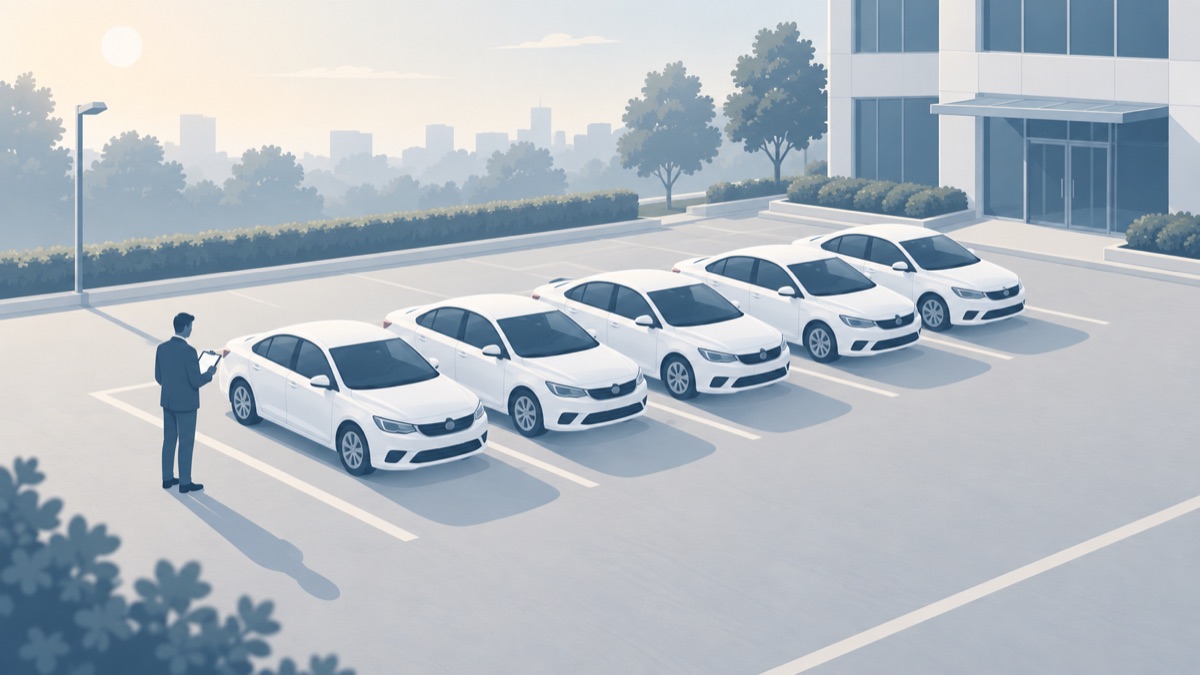 事業所の駐車場に並ぶ5台の白い社用車を、クリップボードを持った担当者が数えているイラスト